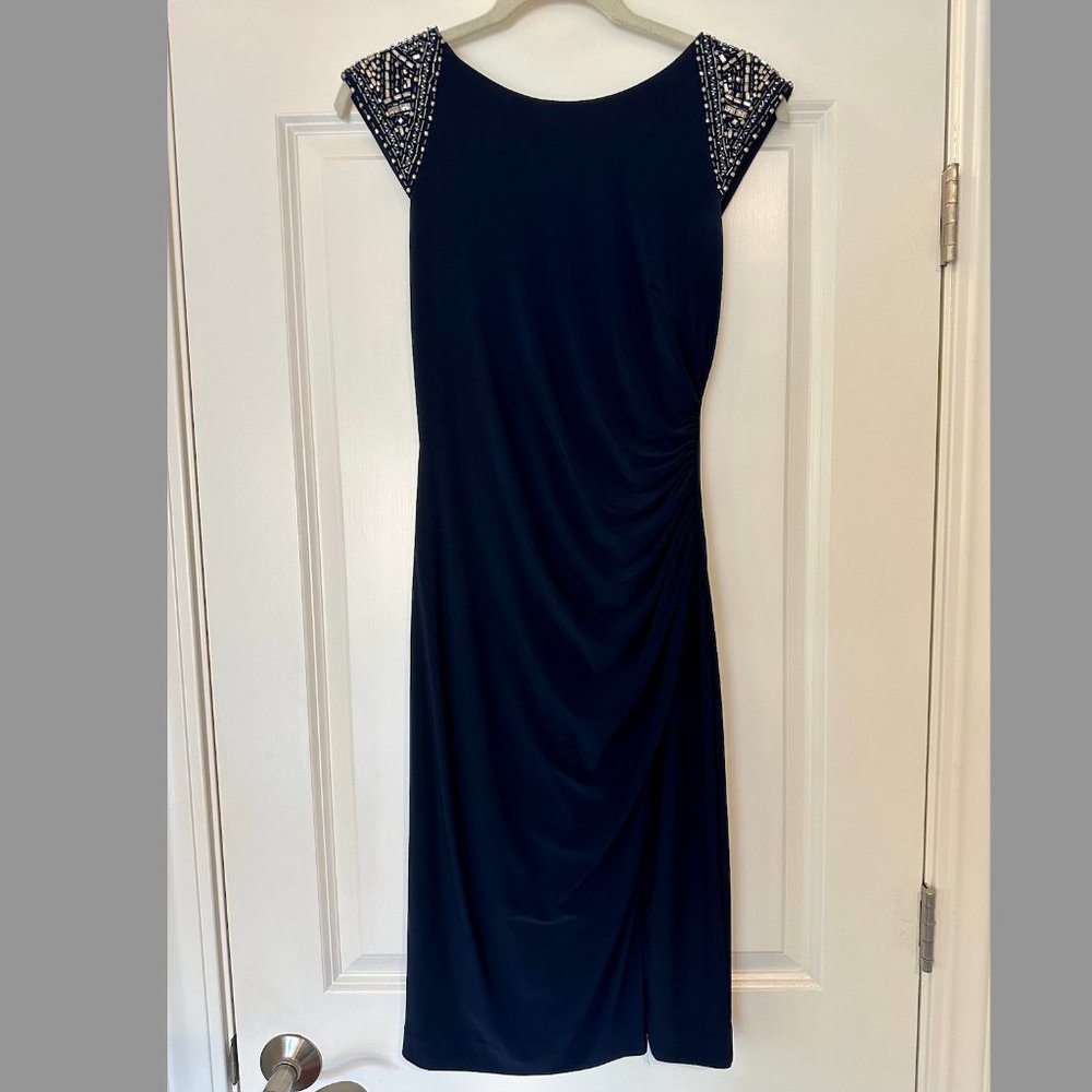 Vince Camuto Navy Midi Bejeweled Cap Sleeve Dress Size 4